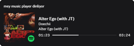 The Discord profile card: listening to mey music player, with the cover, title, artist, album and progress bar
